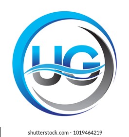 initial letter logo UG company name blue and grey color on circle and swoosh design. vector logotype for business and company identity.