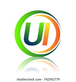 initial letter logo UI company name green and orange color on circle and swoosh design. vector logotype for business and company identity.