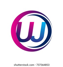 initial letter logo UJ company name blue and magenta color on circle and swoosh design. vector logotype for business and company identity.