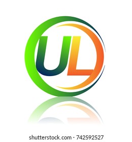 initial letter logo UL company name green and orange color on circle and swoosh design. vector logotype for business and company identity.