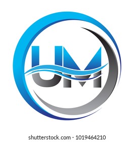 initial letter logo UM company name blue and grey color on circle and swoosh design. vector logotype for business and company identity.