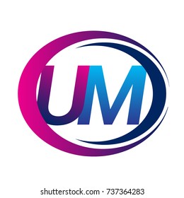 initial letter logo UM company name blue and magenta color on circle and swoosh design. vector logotype for business and company identity.