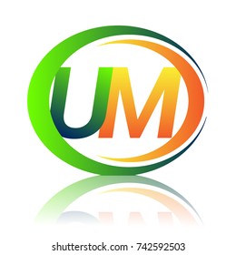 initial letter logo UM company name green and orange color on circle and swoosh design. vector logotype for business and company identity.
