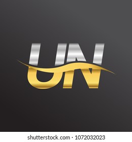 initial letter logo UN company name gold and silver color swoosh design. vector logotype for business and company identity.