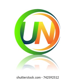 initial letter logo UN company name green and orange color on circle and swoosh design. vector logotype for business and company identity.