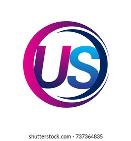 initial letter logo US company name blue and magenta color on circle and swoosh design. vector logotype for business and company identity.