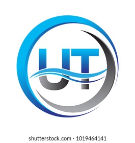 initial letter logo UT company name blue and grey color on circle and swoosh design. vector logotype for business and company identity.