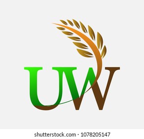 initial letter logo UW, Agriculture wheat Logo Template vector icon design colored green and brown.