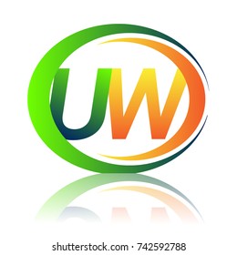 initial letter logo UW company name green and orange color on circle and swoosh design. vector logotype for business and company identity.