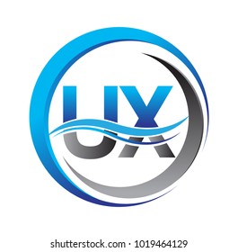 initial letter logo UX company name blue and grey color on circle and swoosh design. vector logotype for business and company identity.