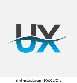 Initial letter logo UX company name blue and black color swoosh design. vector logotype for business and company identity.