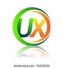 initial letter logo UX company name green and orange color on circle and swoosh design. vector logotype for business and company identity.