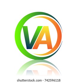 initial letter logo VA company name green and orange color on circle and swoosh design. vector logotype for business and company identity.