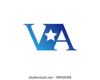 Initial letter logo VA uppercase blue template with star