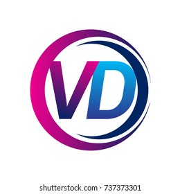 initial letter logo VD company name blue and magenta color on circle and swoosh design. vector logotype for business and company identity.