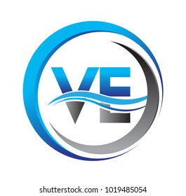 initial letter logo VE company name blue and grey color on circle and swoosh design. vector logotype for business and company identity.