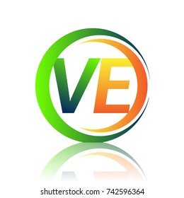 initial letter logo VE company name green and orange color on circle and swoosh design. vector logotype for business and company identity.