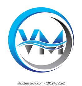 initial letter logo VM company name blue and grey color on circle and swoosh design. vector logotype for business and company identity.