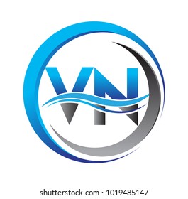 initial letter logo VN company name blue and grey color on circle and swoosh design. vector logotype for business and company identity.