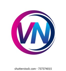 initial letter logo VN company name blue and magenta color on circle and swoosh design. vector logotype for business and company identity.