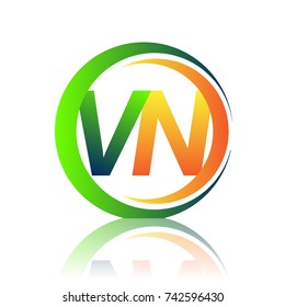 initial letter logo VN company name green and orange color on circle and swoosh design. vector logotype for business and company identity.