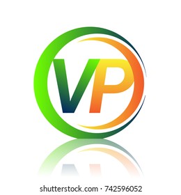 initial letter logo VP company name green and orange color on circle and swoosh design. vector logotype for business and company identity.