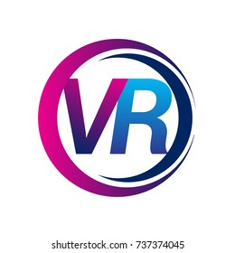 initial letter logo VR company name blue and magenta color on circle and swoosh design. vector logotype for business and company identity.