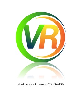 initial letter logo VR company name green and orange color on circle and swoosh design. vector logotype for business and company identity.