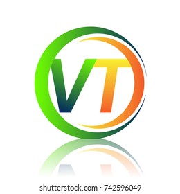 initial letter logo VT company name green and orange color on circle and swoosh design. vector logotype for business and company identity.
