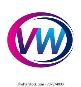 initial letter logo VW company name blue and magenta color on circle and swoosh design. vector logotype for business and company identity.