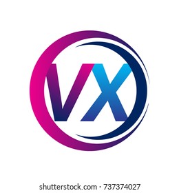 initial letter logo VX company name blue and magenta color on circle and swoosh design. vector logotype for business and company identity.