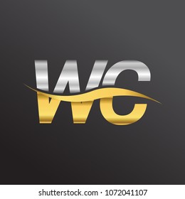 initial letter logo WC company name gold and silver color swoosh design. vector logotype for business and company identity.