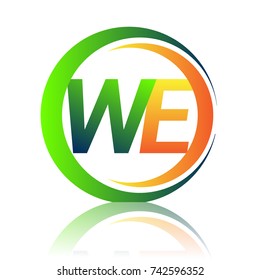 initial letter logo WE company name green and orange color on circle and swoosh design. vector logotype for business and company identity.