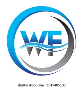 initial letter logo WF company name blue and grey color on circle and swoosh design. vector logotype for business and company identity.