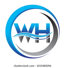 initial letter logo WH company name blue and grey color on circle and swoosh design. vector logotype for business and company identity.