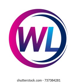 initial letter logo WL company name blue and magenta color on circle and swoosh design. vector logotype for business and company identity.