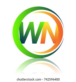 initial letter logo WN company name green and orange color on circle and swoosh design. vector logotype for business and company identity.