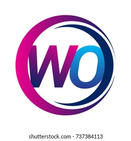 initial letter logo WO company name blue and magenta color on circle and swoosh design. vector logotype for business and company identity.