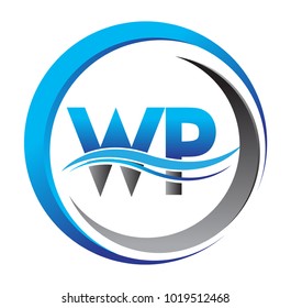 initial letter logo WP company name blue and grey color on circle and swoosh design. vector logotype for business and company identity.