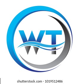 initial letter logo WT company name blue and grey color on circle and swoosh design. vector logotype for business and company identity.