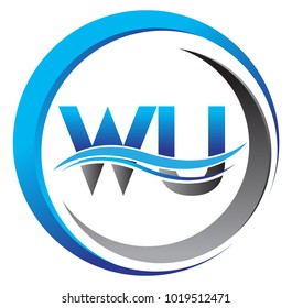 initial letter logo WU company name blue and grey color on circle and swoosh design. vector logotype for business and company identity.