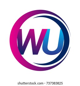 initial letter logo WU company name blue and magenta color on circle and swoosh design. vector logotype for business and company identity.
