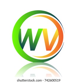 initial letter logo WV company name green and orange color on circle and swoosh design. vector logotype for business and company identity.