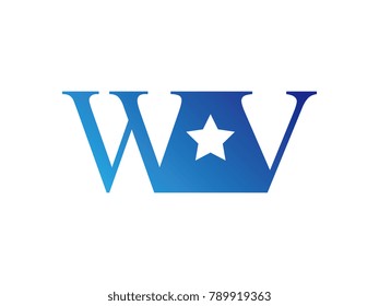 Initial letter logo WV uppercase blue template with star