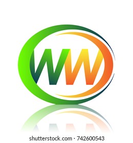 initial letter logo WW company name green and orange color on circle and swoosh design. vector logotype for business and company identity.
