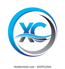 initial letter logo XC company name blue and grey color on circle and swoosh design. vector logotype for business and company identity.