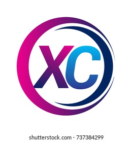 initial letter logo XC company name blue and magenta color on circle and swoosh design. vector logotype for business and company identity.