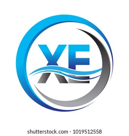initial letter logo XE company name blue and grey color on circle and swoosh design. vector logotype for business and company identity.