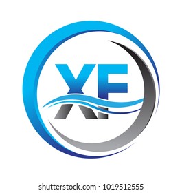 initial letter logo XF company name blue and grey color on circle and swoosh design. vector logotype for business and company identity.