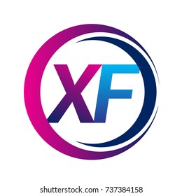 initial letter logo XF company name blue and magenta color on circle and swoosh design. vector logotype for business and company identity.